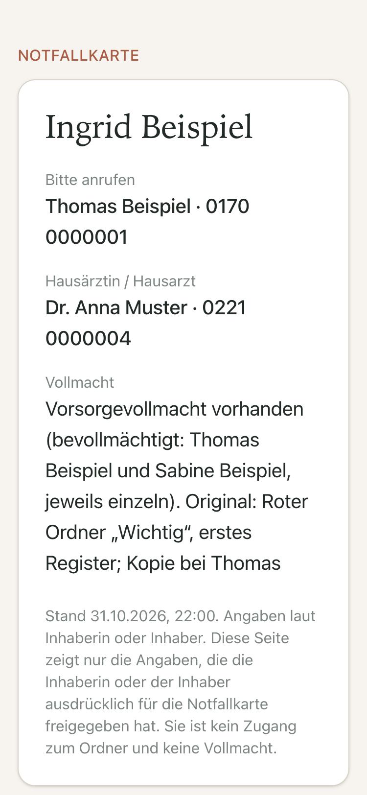 Öffentliche Seite der Notfallkarte auf dem Smartphone